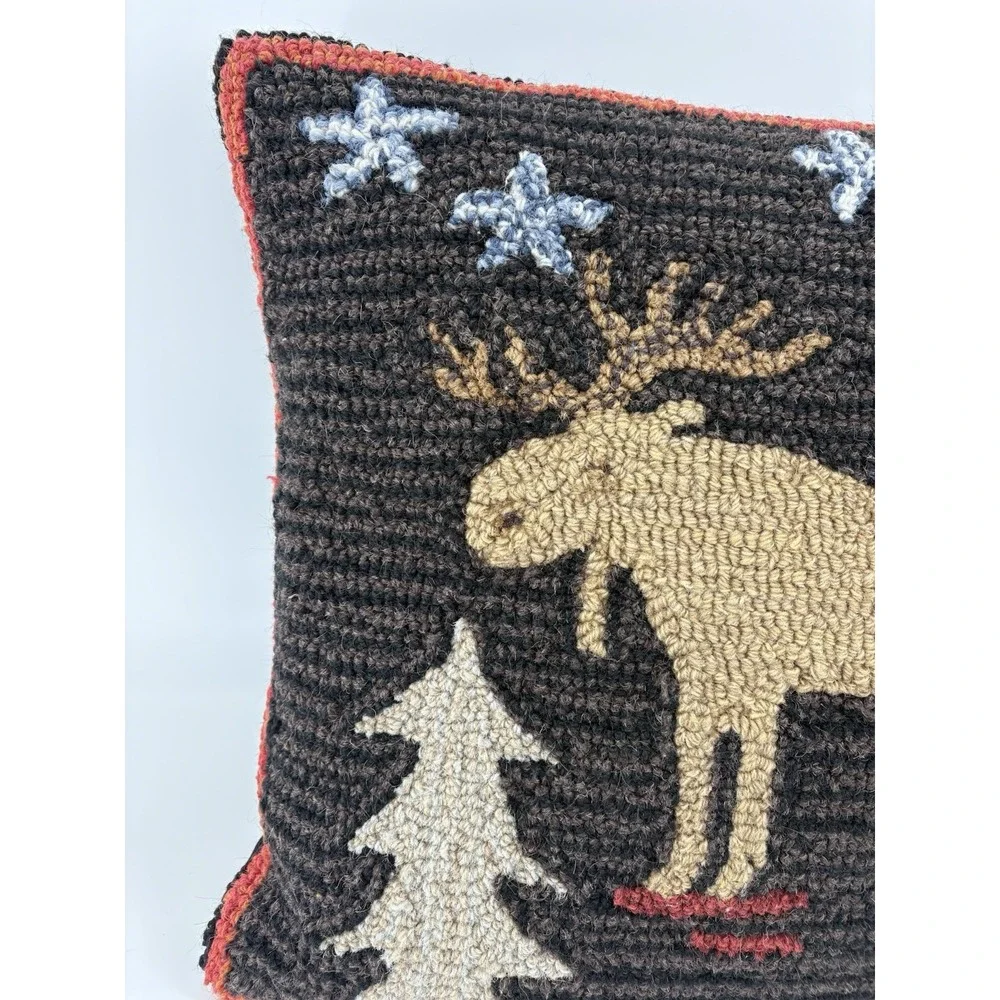 Chandler 4 Corners 18x18 Hooked Wool Pillow Night Moose Laura Megroz Cabin Decor